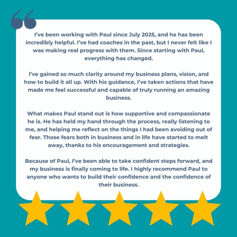 Testimonial about a business collaboration, emphasising personal growth and satisfaction. Five stars.