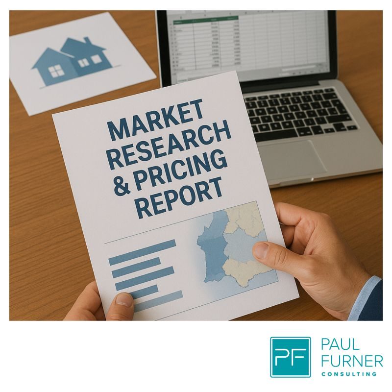 Hand holding a market research report with graphs, laptop and documents in the background.