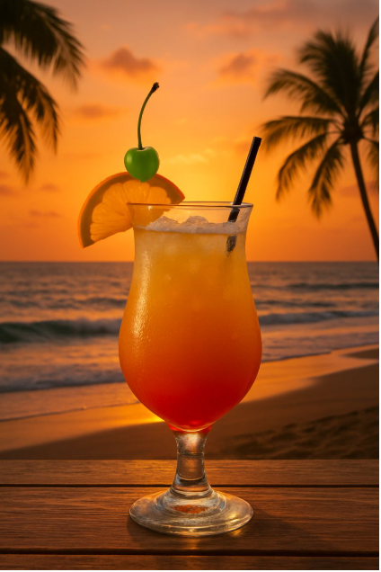 Refreshing tropical cocktail with orange slice and cherry against a sunset beach backdrop.