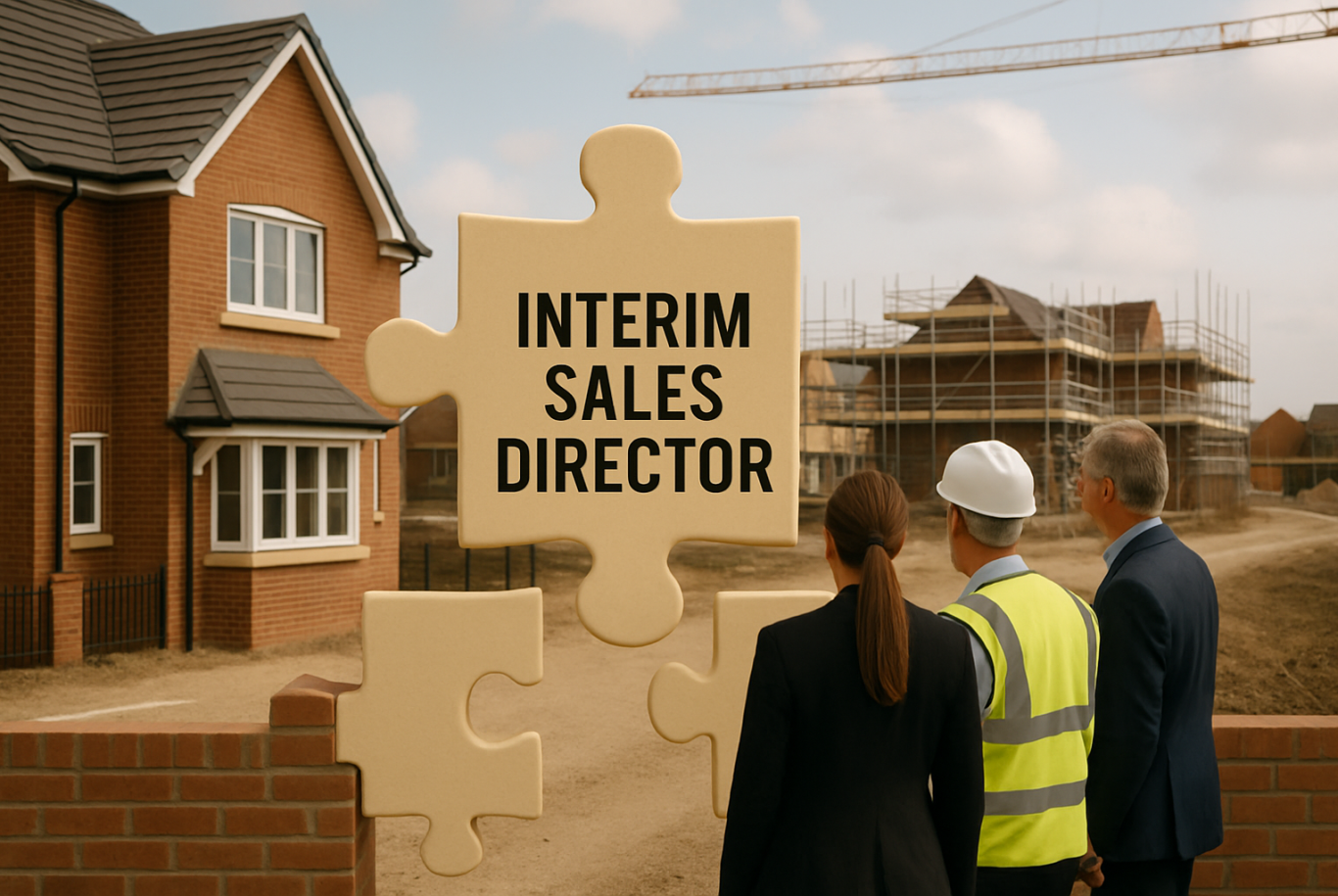 AI generated image. People looking at a UK new homes site - overlaid image of a jigsaw piece with the words "Interim Sales Director" on it