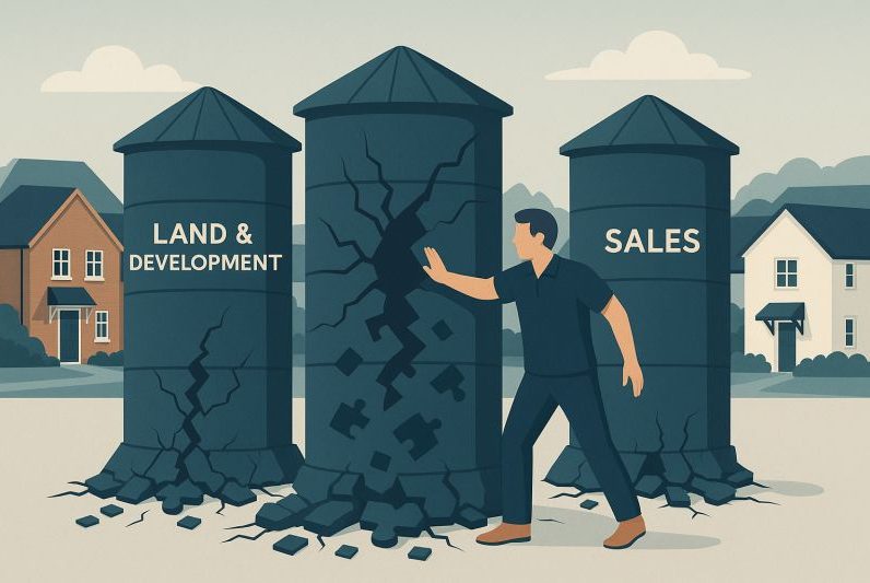 AI generated image. People looking at a UK new homes site - overlaid image of a jigsaw piece with the words "Interim Sales Director" on it